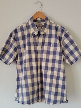 L.L. Bean Blue and Cream Short-Sleeve Button-Down Plaid Shirt